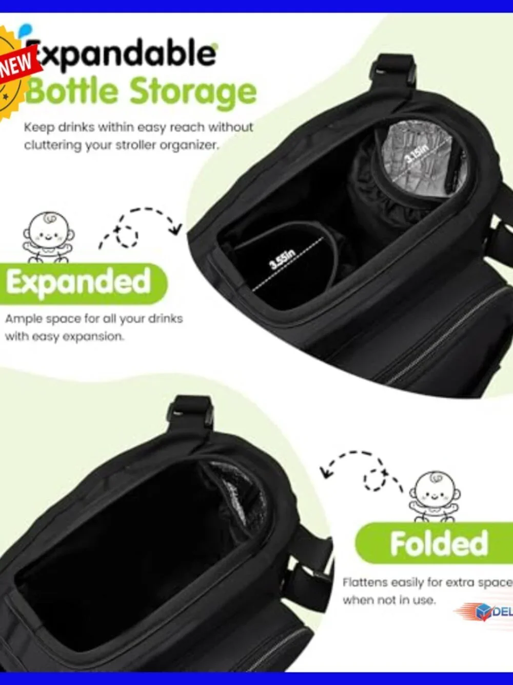 Double Stroller Organizer with 11 Compartments, 2 Insulated Pockets